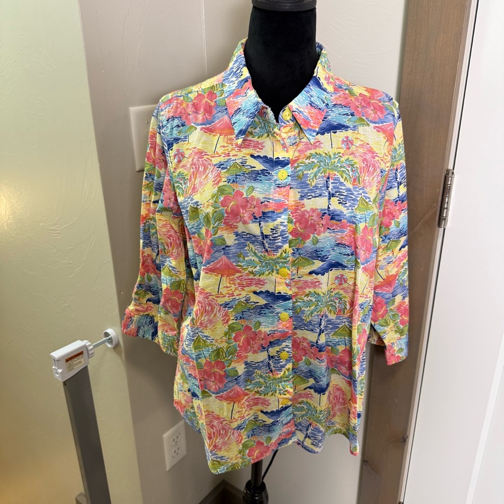Christopher &‎ Banks Cotton Tropical Colorful Button Down 1/2 Sleeve Blouse L